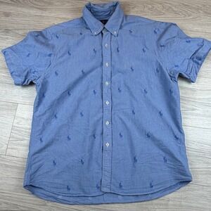 Ralph Lauren Men's Blue Polo Player‎ Print All Over Button Down Chambray Size L